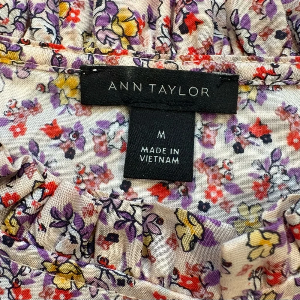 Ann Taylor Purple Orange Floral Ruffle Flutter Keyhole Button Blouse, Sz M - Picture 14 of 14